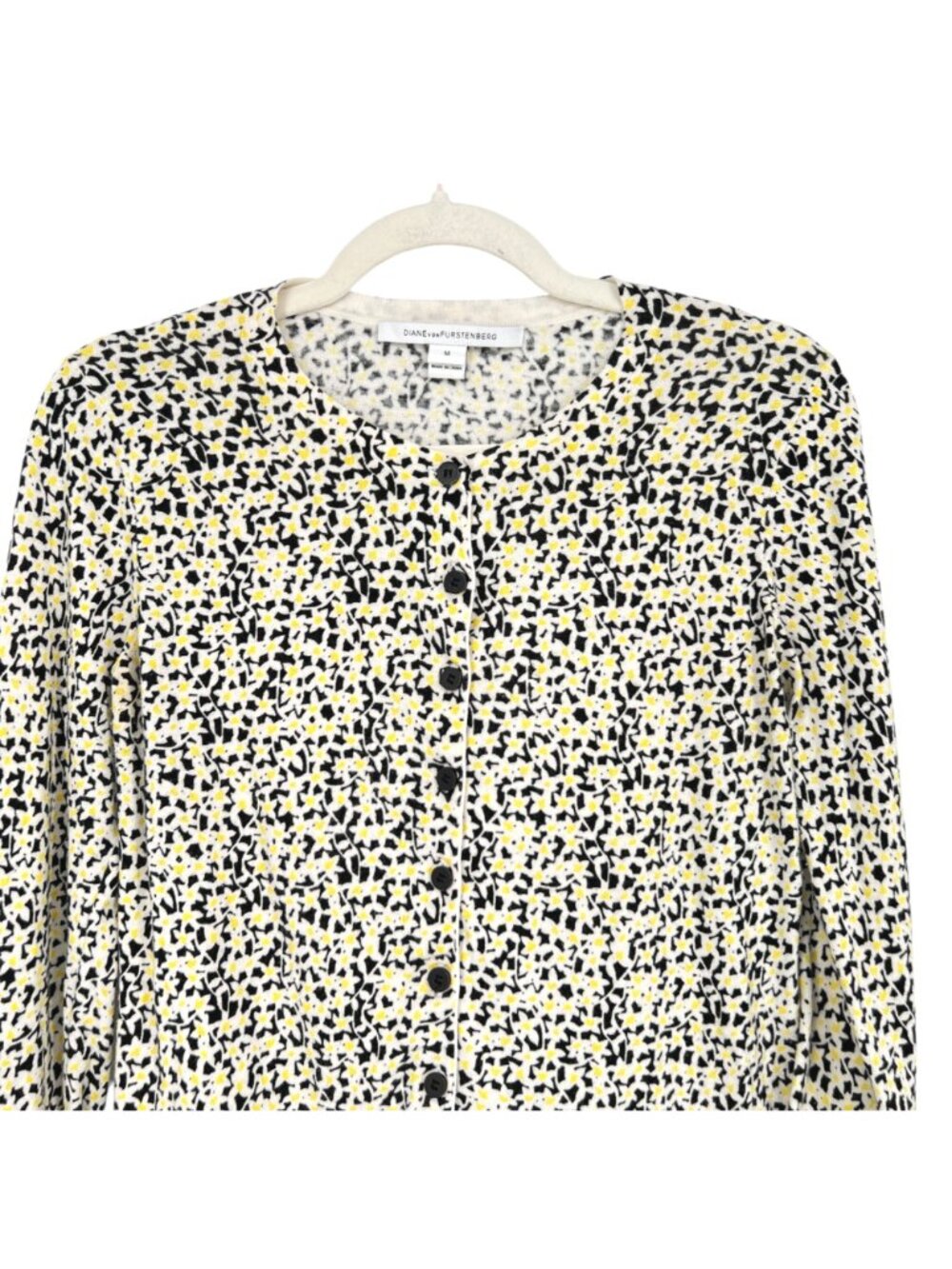 Diane Von Furstenberg Floral Preppy Quirky Cardigan Sweater Black Yellow Medium - Picture 3 of 10